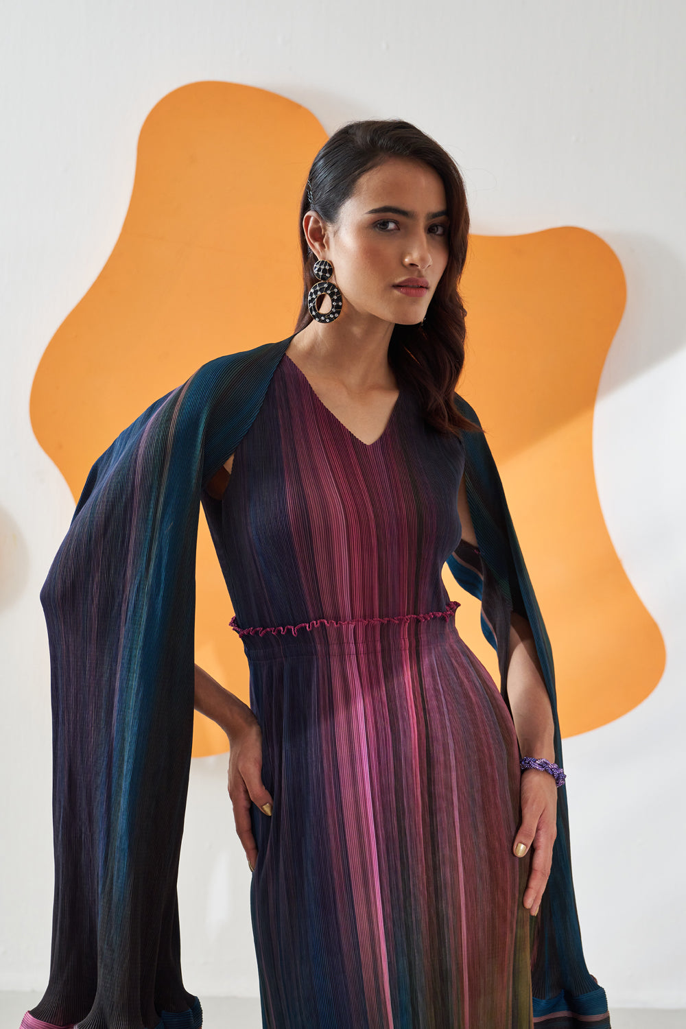 Luna Gradient Lines Print Dress With Cape