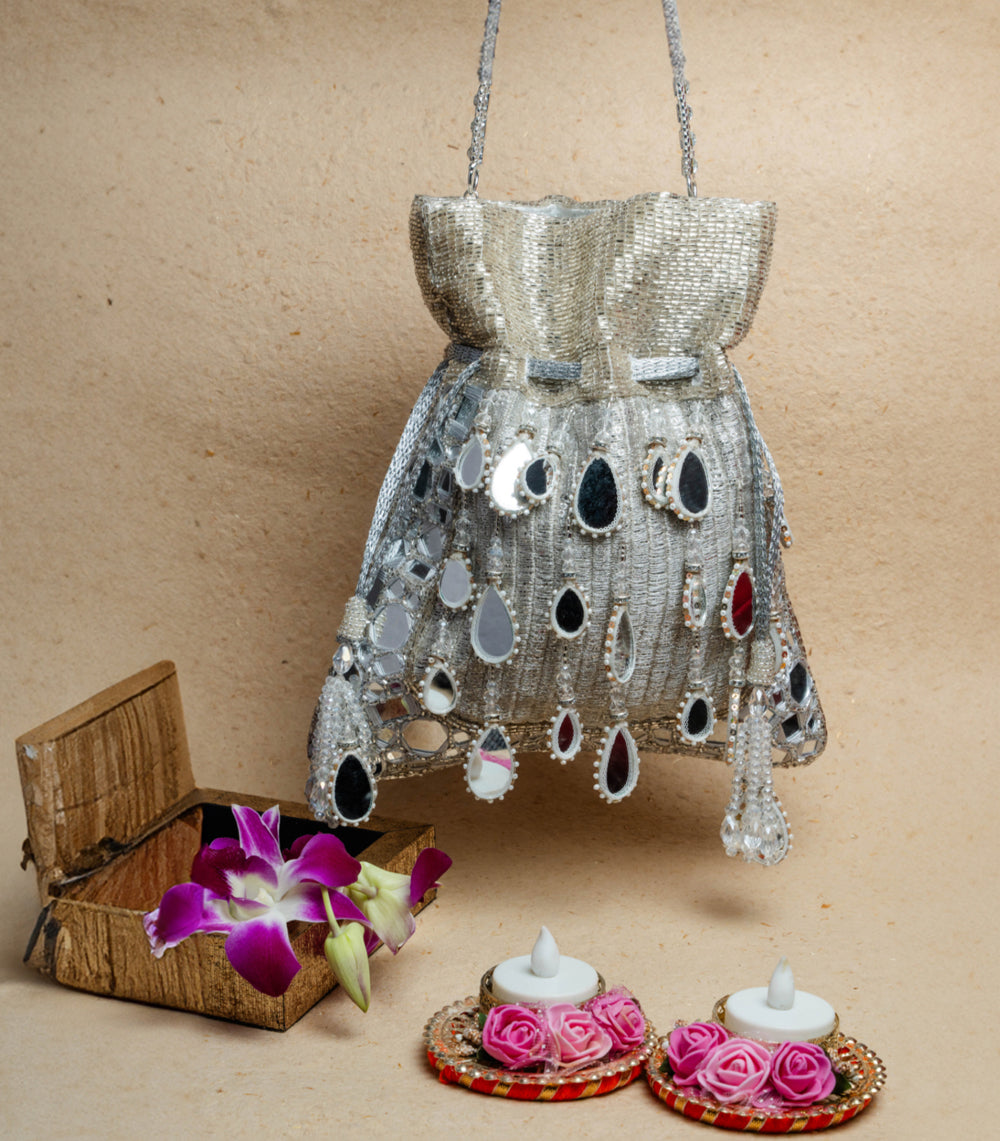 Silver Silk Mirror Embroidered Potli Bag