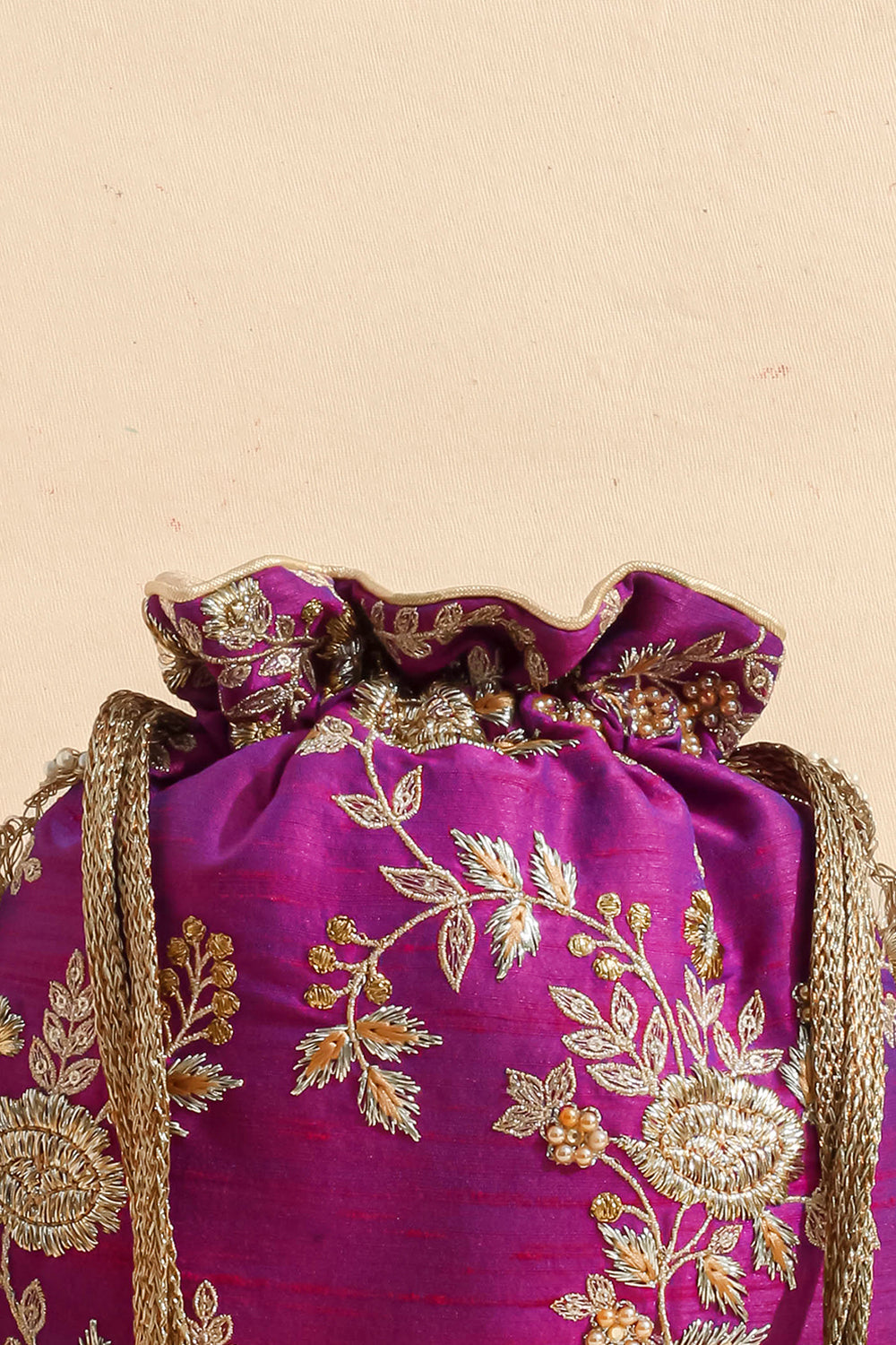 Purple Embroidered Scallop Potli Bag