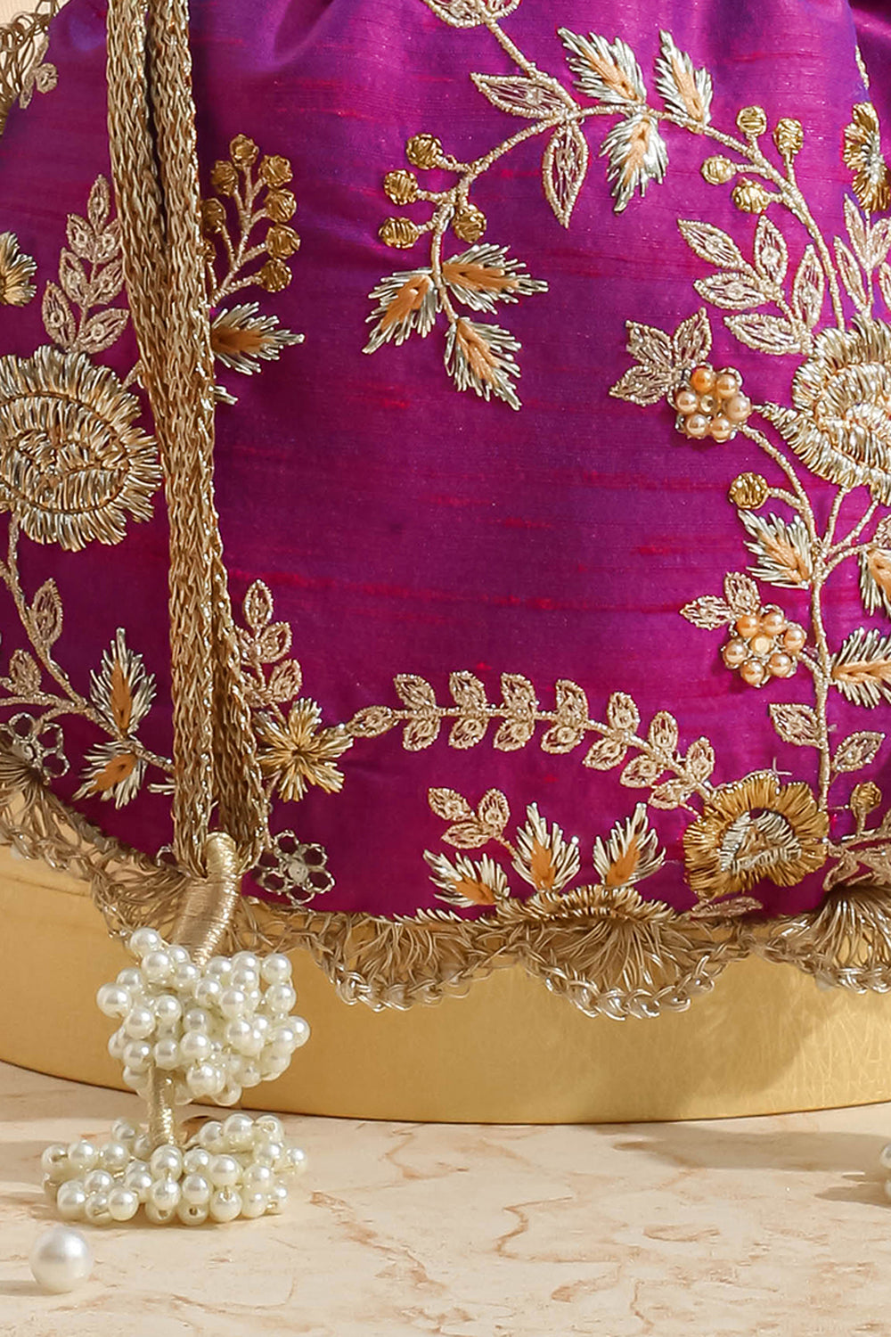 Purple Embroidered Scallop Potli Bag