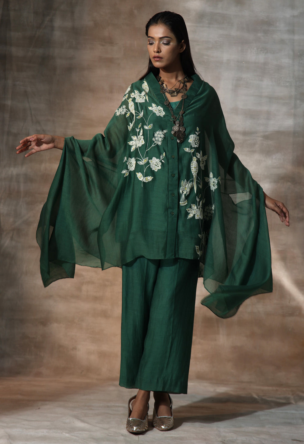 Green Hand Embroiderd Kaftan Set