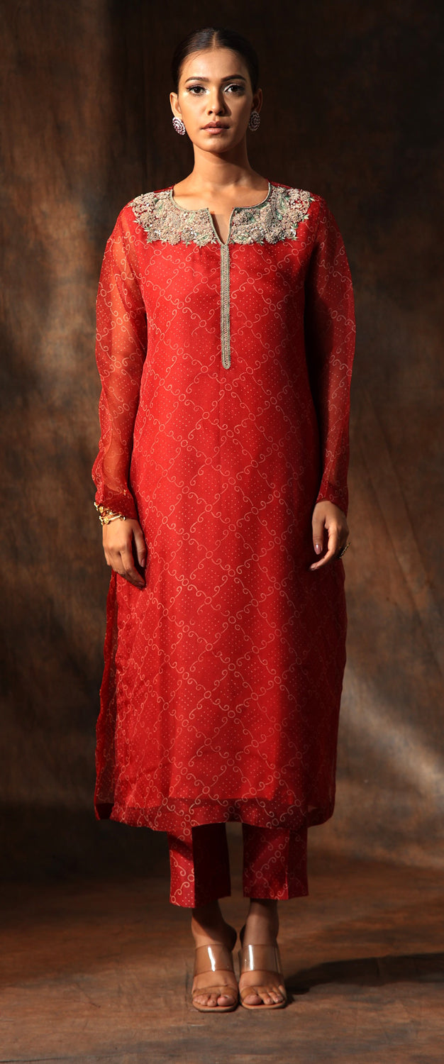 Bandhani Printed Organza Kurta Set