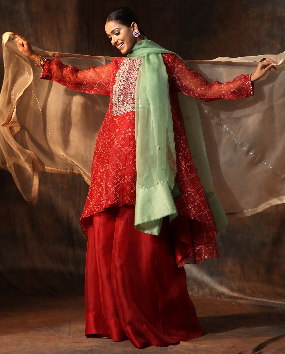 Bandhani Printed Flared Kurta & Sharara