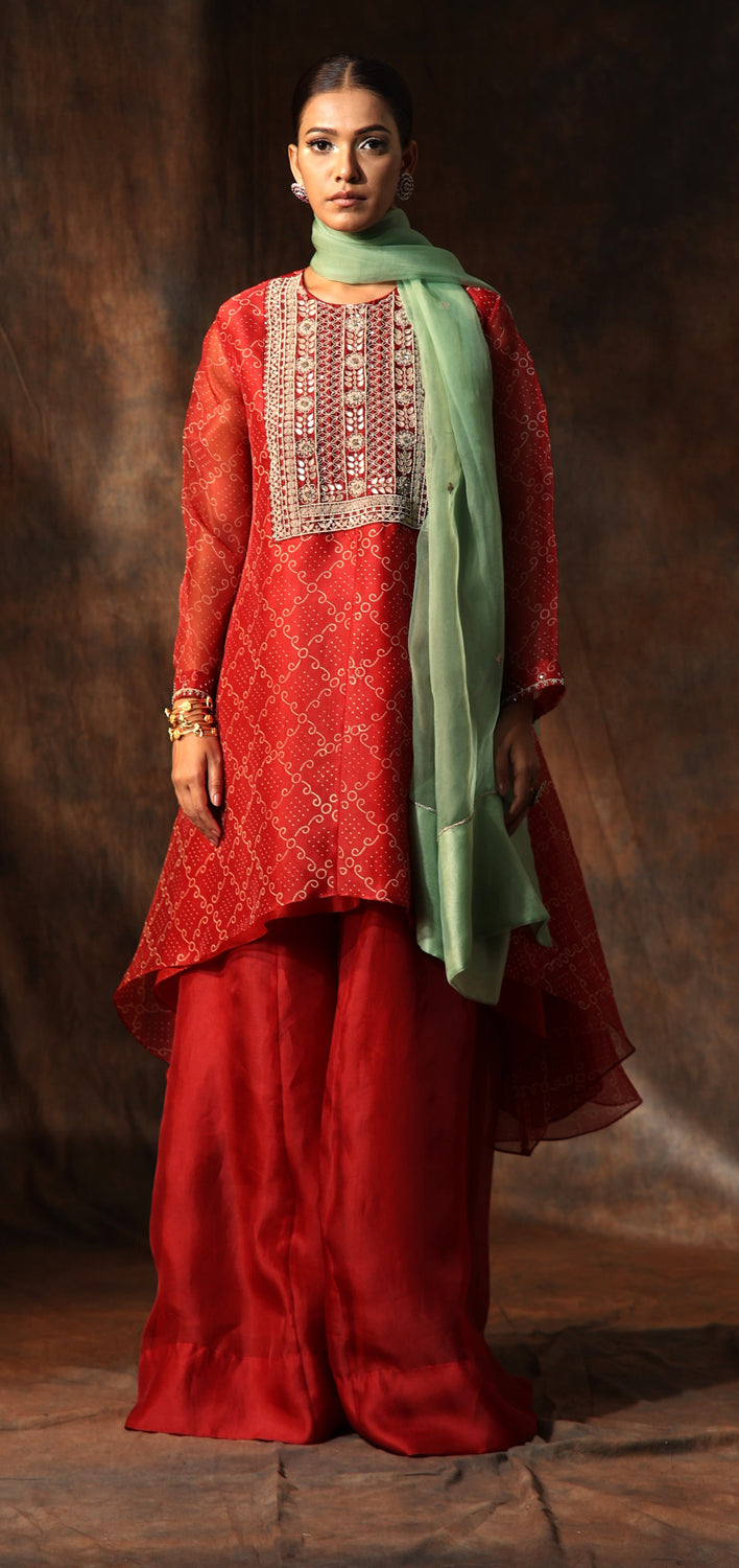 Bandhani Printed Flared Kurta & Sharara