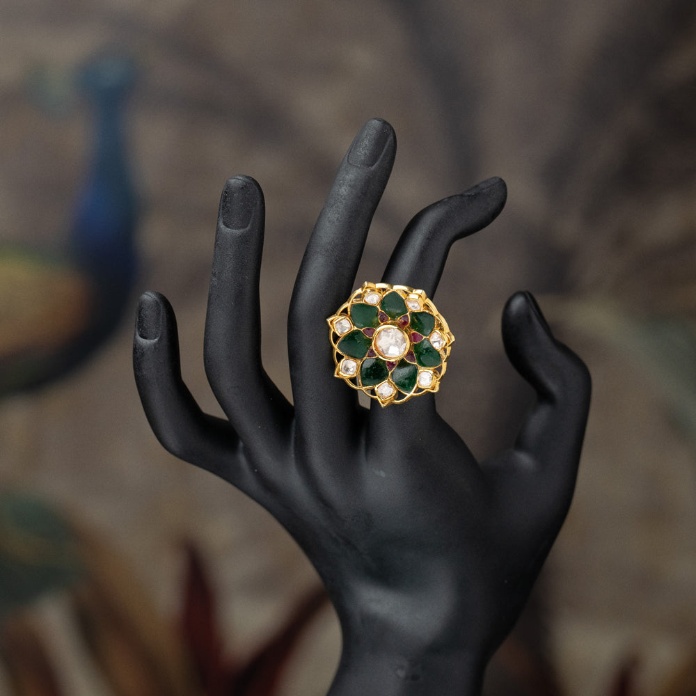 Green Glass Stone & Moissanite Polki Ring