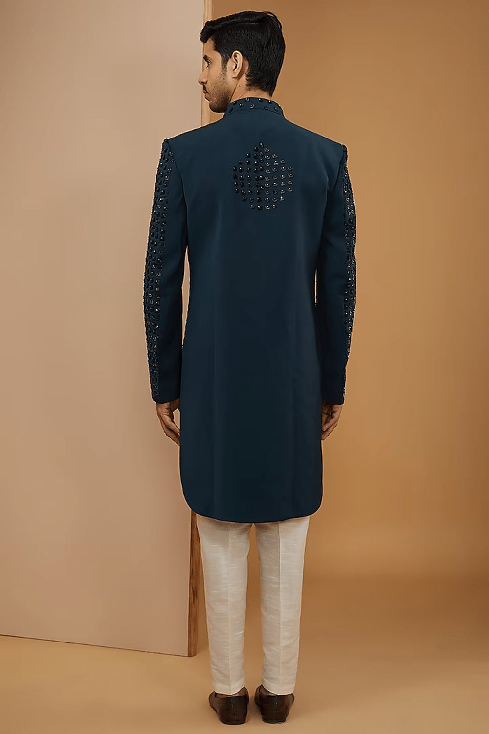 Teal Blue Embroidered Achkan Set