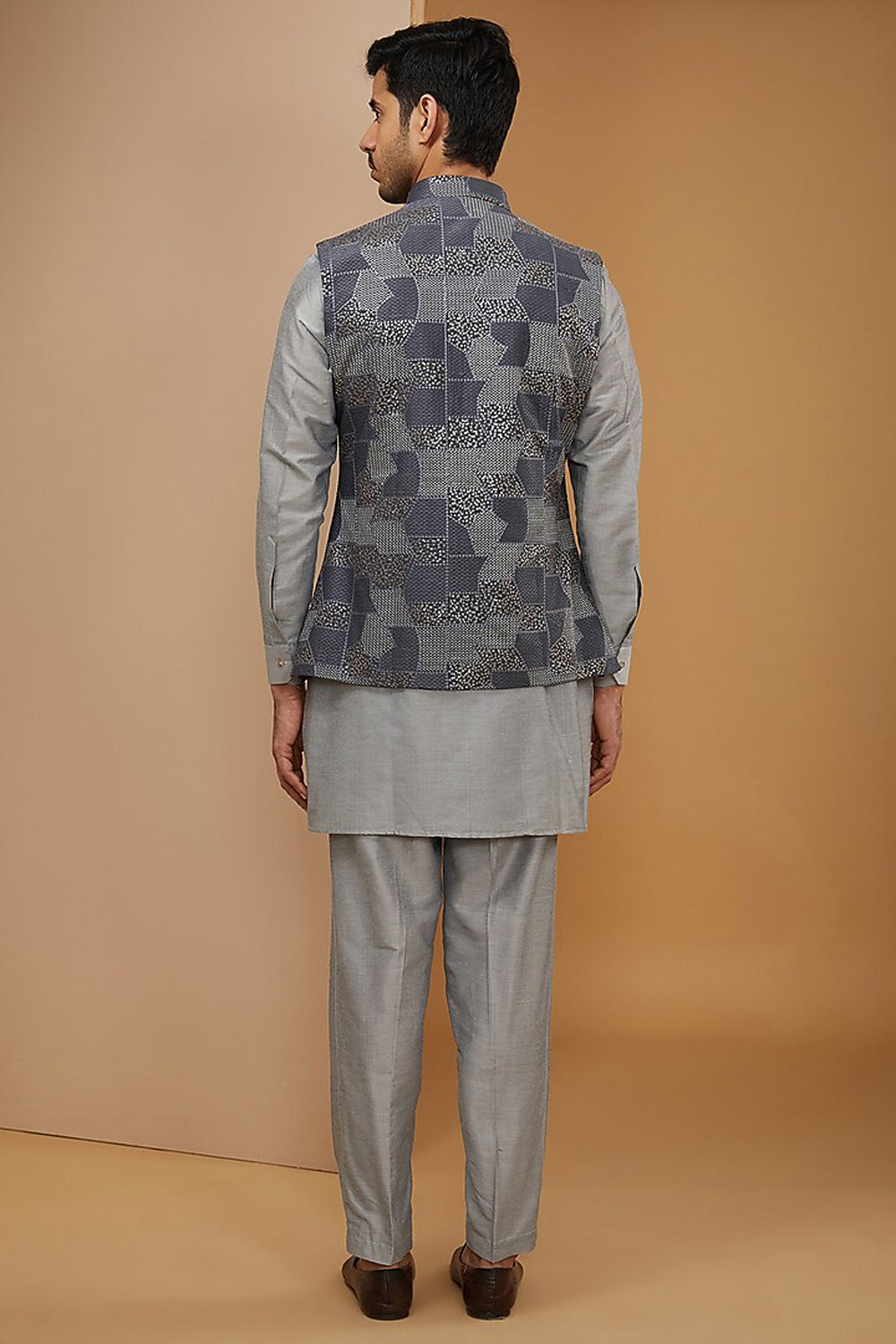 Royal Blue And Grey Embroidered Kurta-Jacket Set