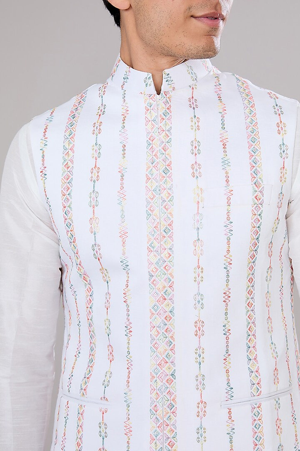 Off White Embroidered Kurta Jacket Set