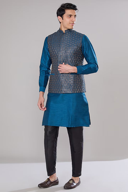 Royal Blue Embroidered Kurta & Jacket Set