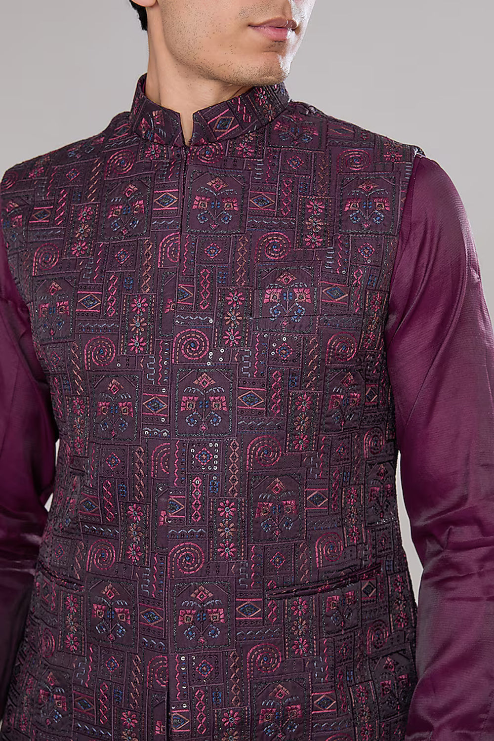 Wine Embroidered Kurta-Jacket Set