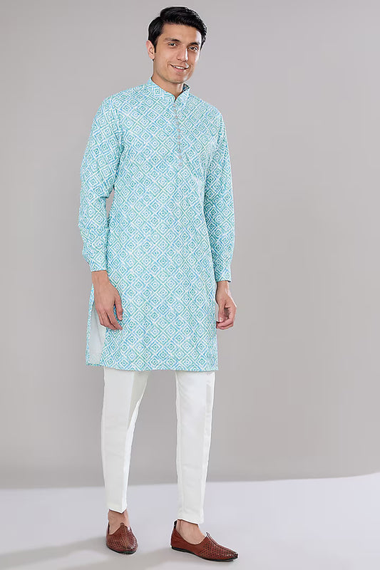 Blue and Green Ikat Printed Kurta Set