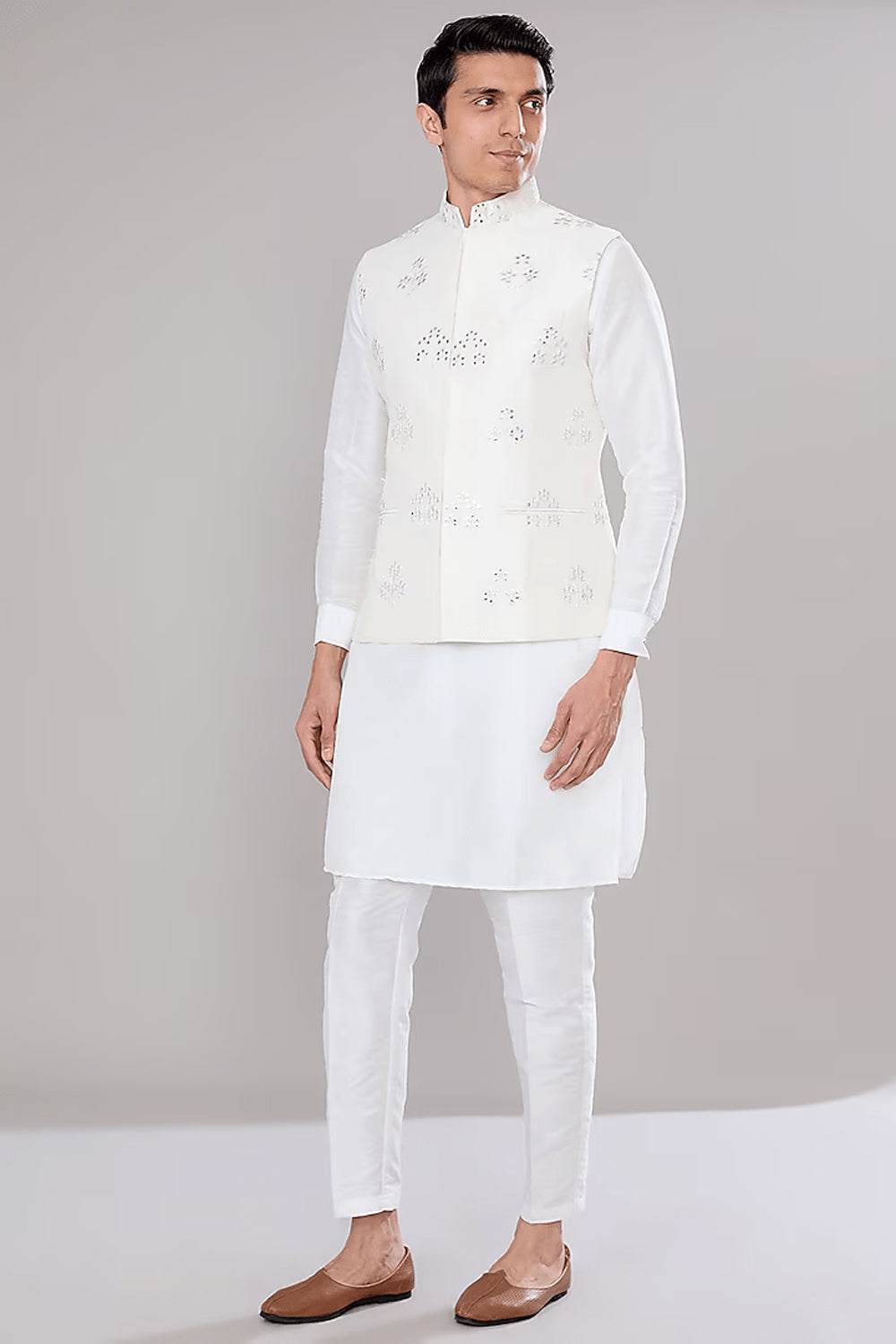 Off White Embroidered Kurta Jacket Set