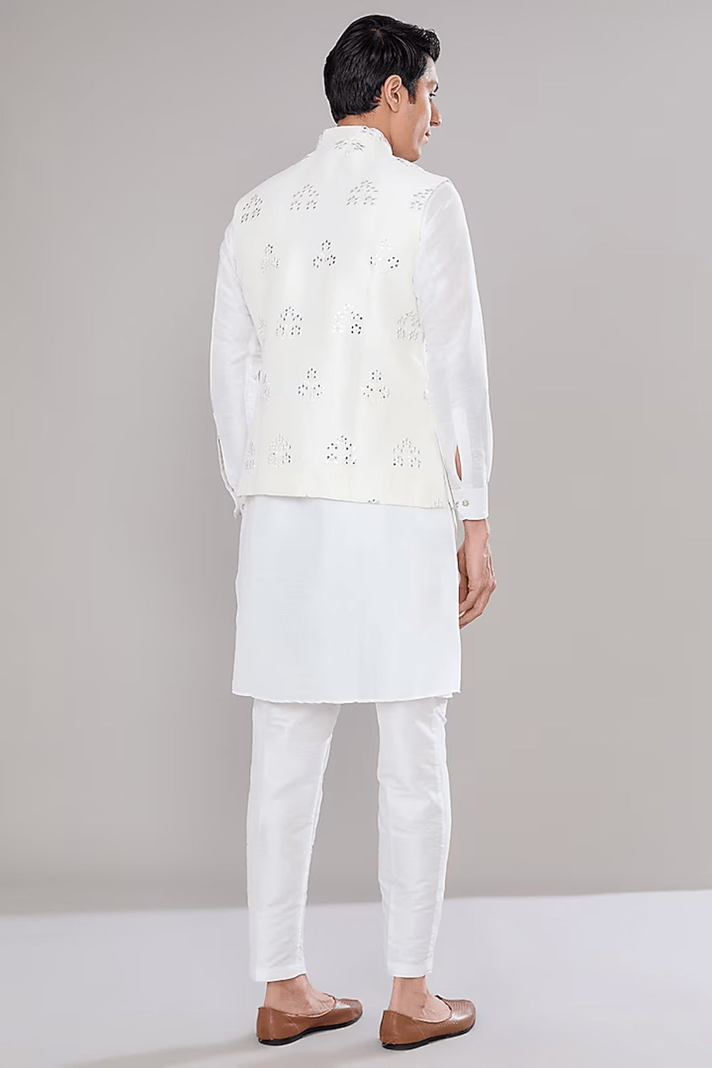 Off White Embroidered Kurta Jacket Set