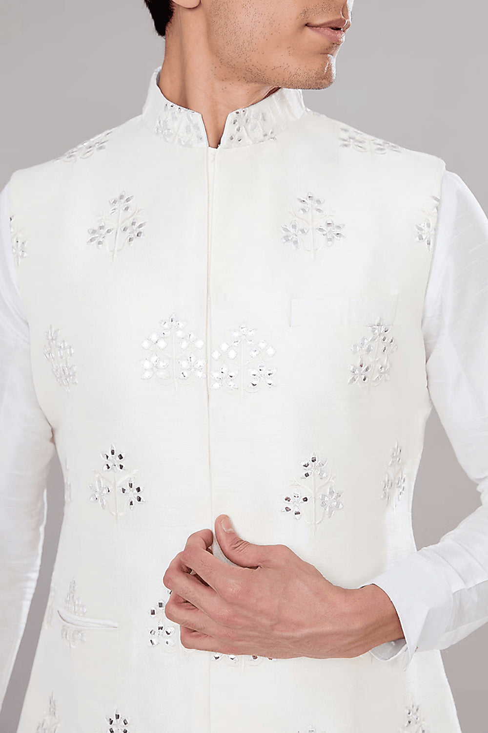 Off White Embroidered Kurta Jacket Set