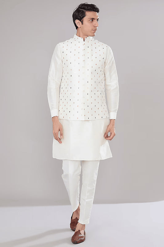 Off White Embroidered Kurta Jacket Set