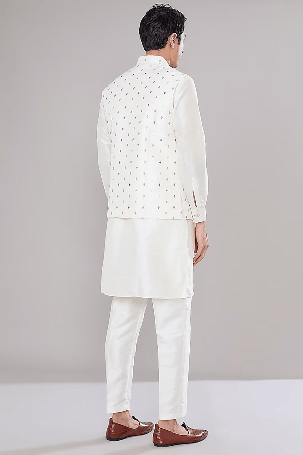 Off White Embroidered Kurta Jacket Set