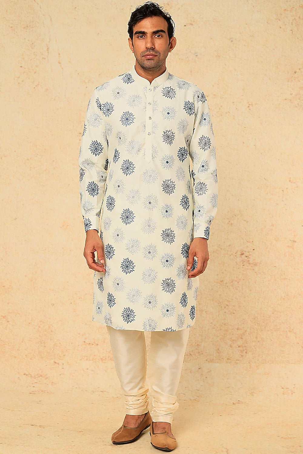 Off White Cotton Linen Embroidered Kurta Set