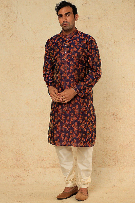 Royal Blue & Rust Floral Printed Kurta Set