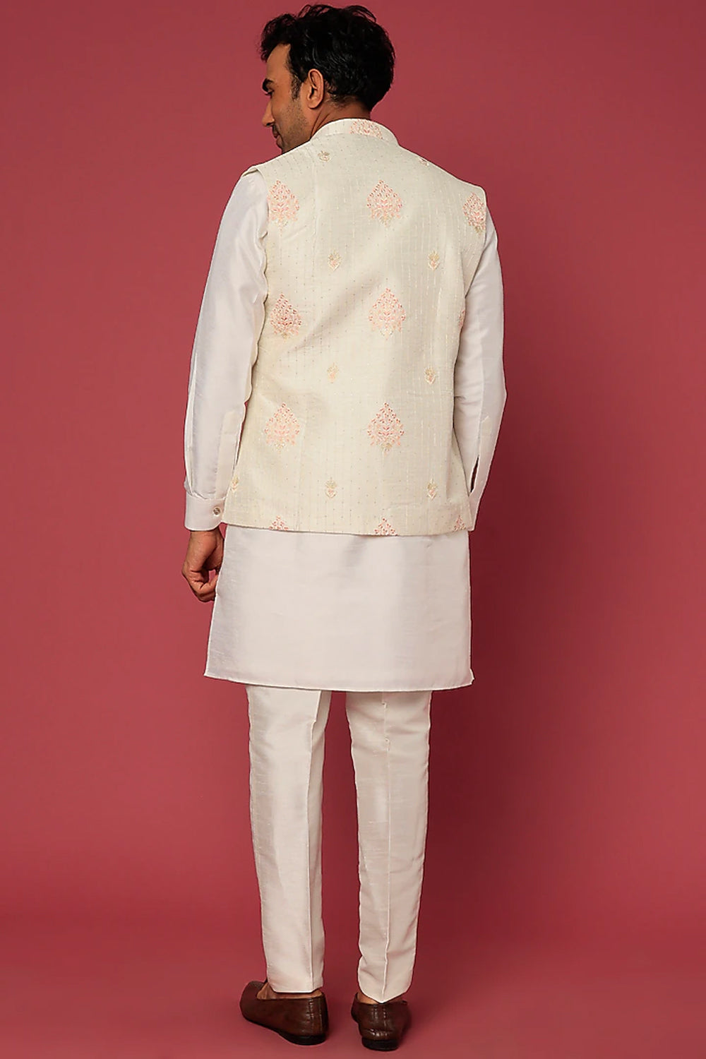 Cream & Peach Embroidery Kurta-Jacket Set