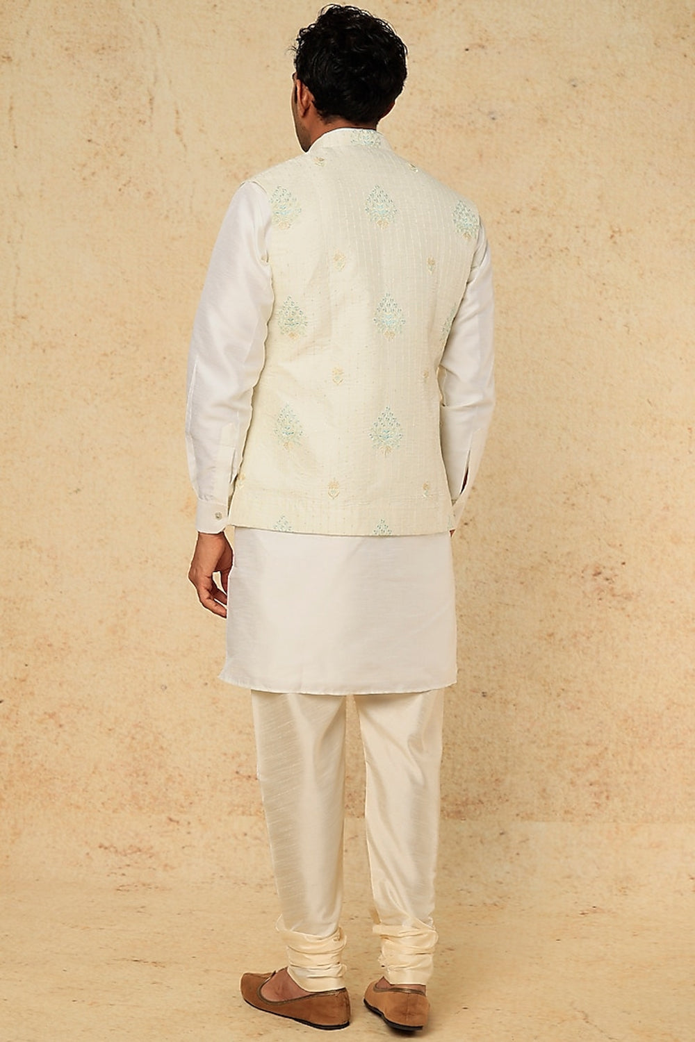 Cream & Turquoise Embroidery Kurta-Jacket Set