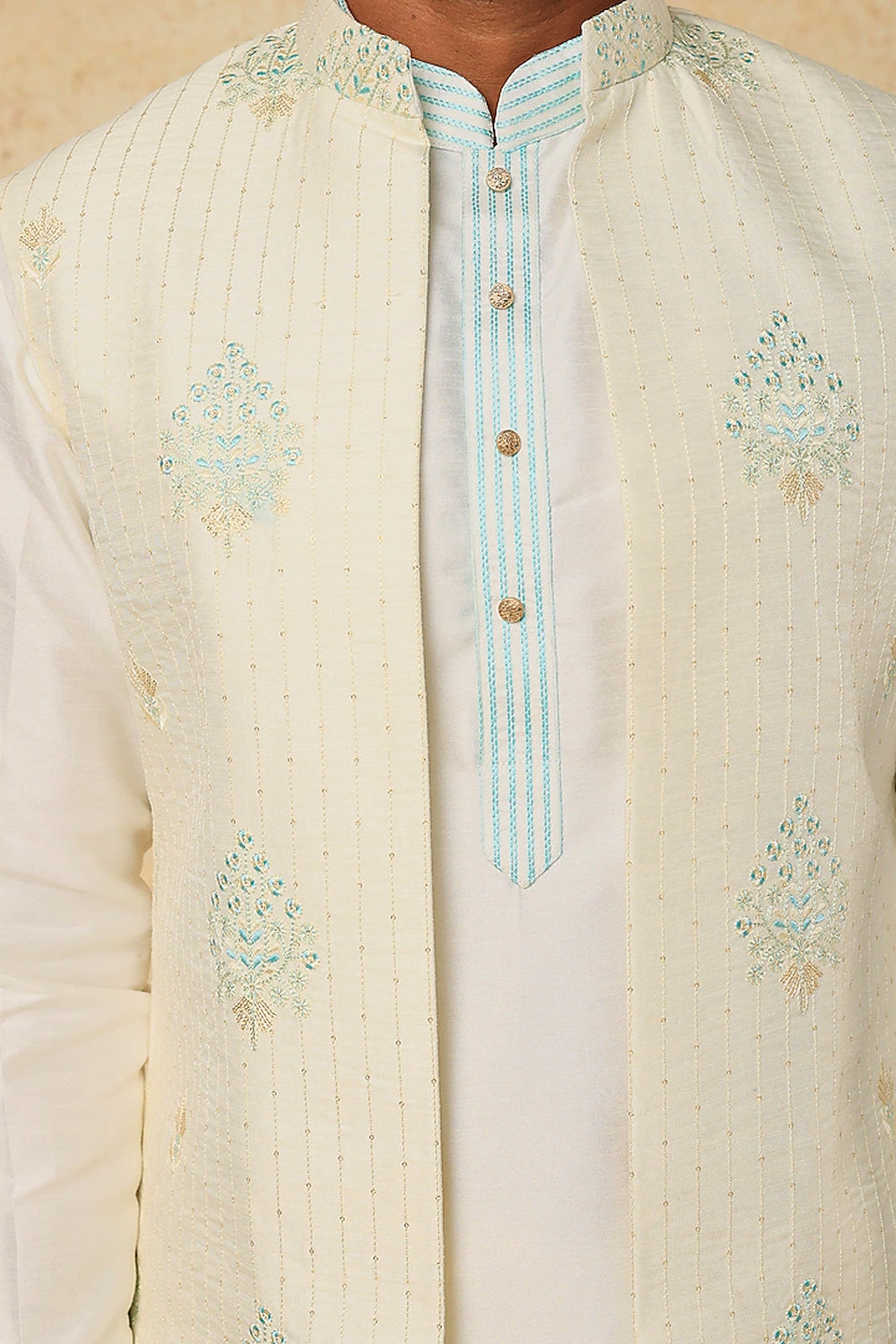 Cream & Turquoise Embroidery Kurta-Jacket Set