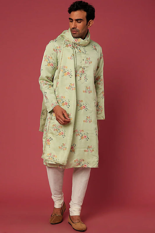 Pista Green Floral Kurta-Dupatta Set