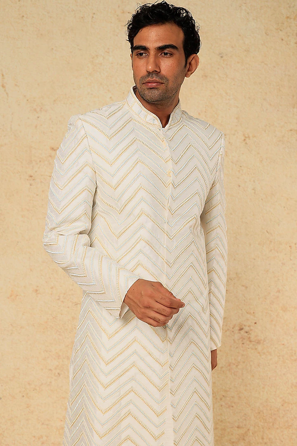 Off White Cheveron Embroidery Sherwani Set