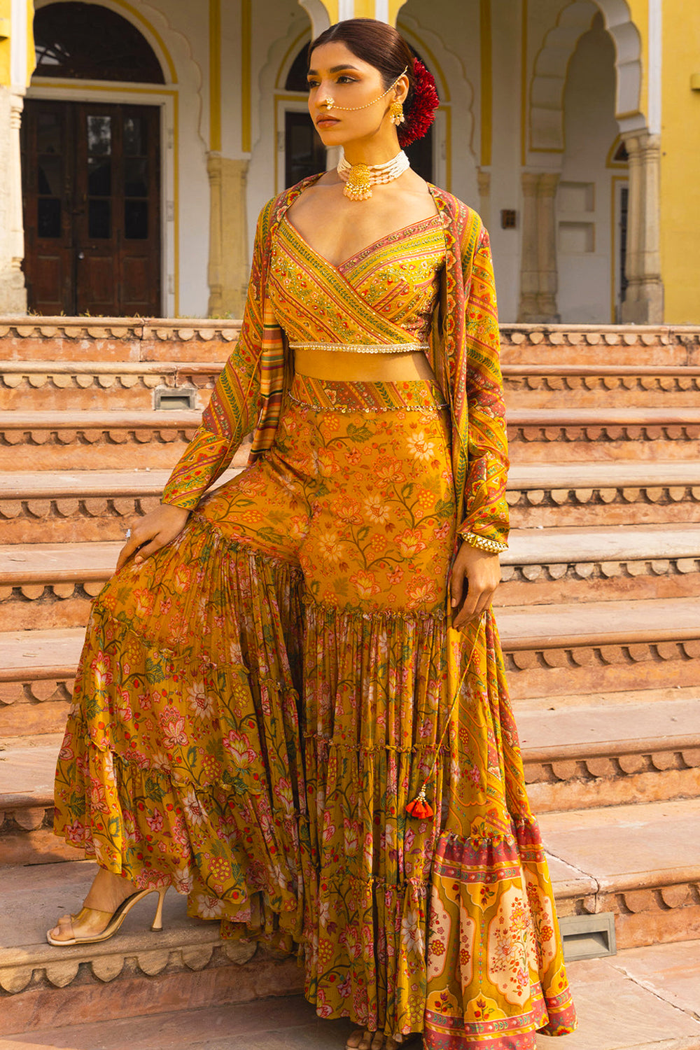 Yellow Georgette Floral And Chintz Print Cape Sharara Set