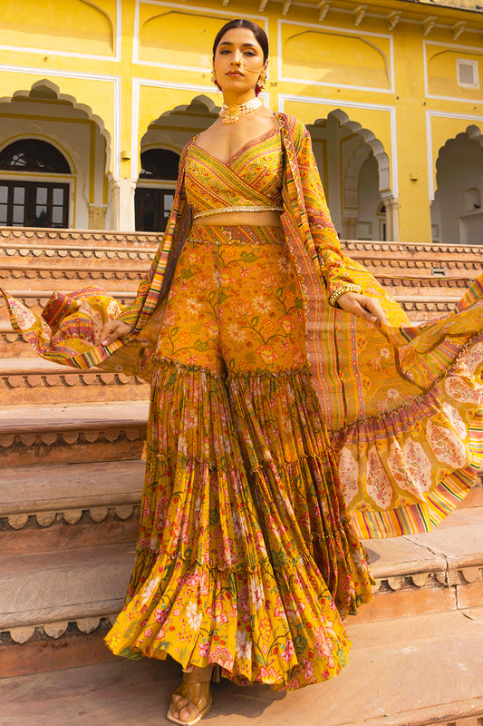 Yellow Georgette Floral And Chintz Print Cape Sharara Set