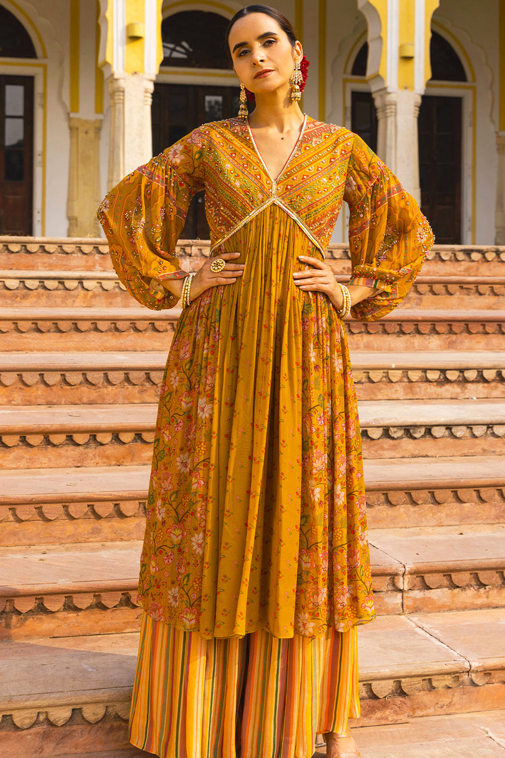 Yellow Georgette Printed Anarkali And Palazzo Set