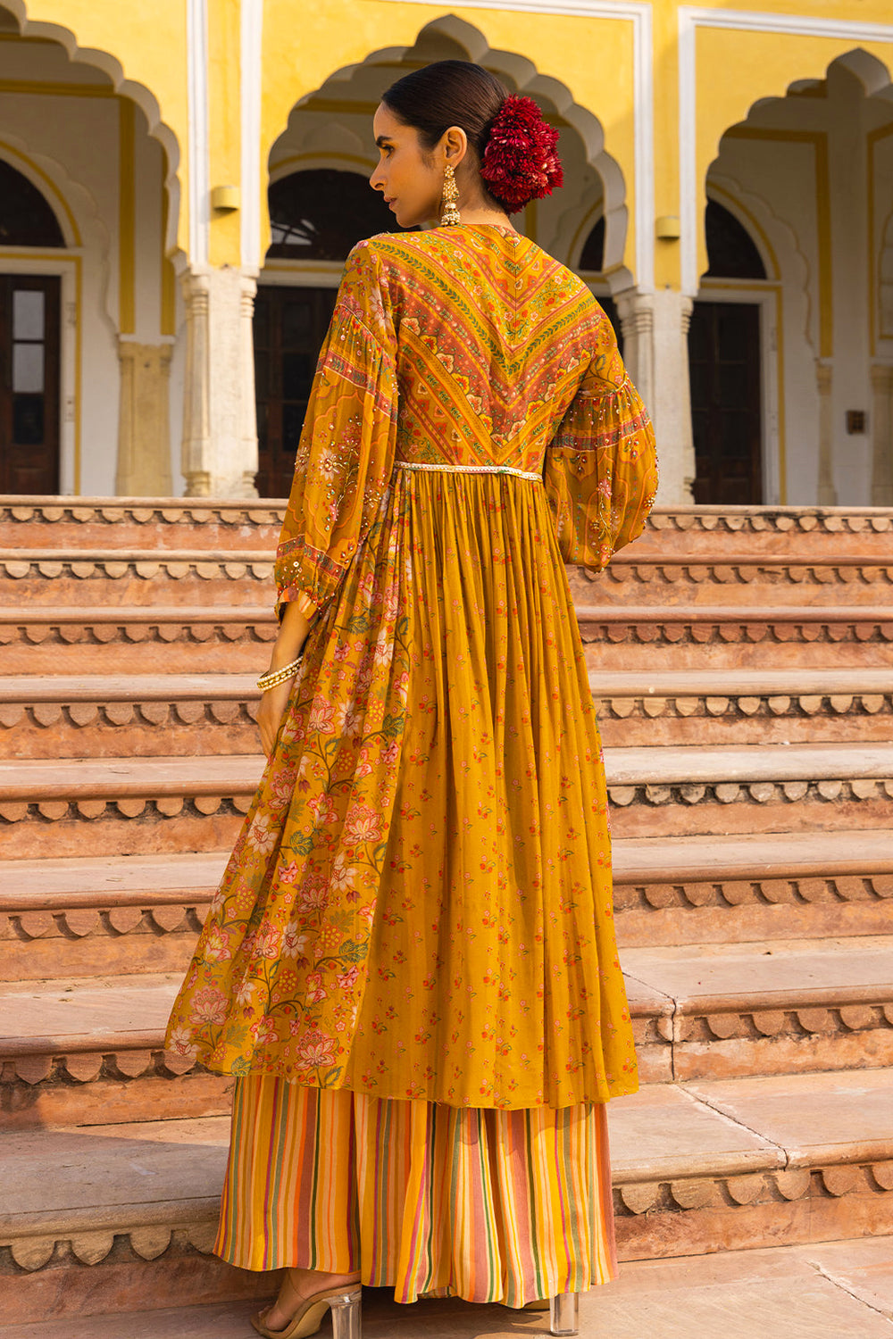 Yellow Georgette Printed Anarkali And Palazzo Set