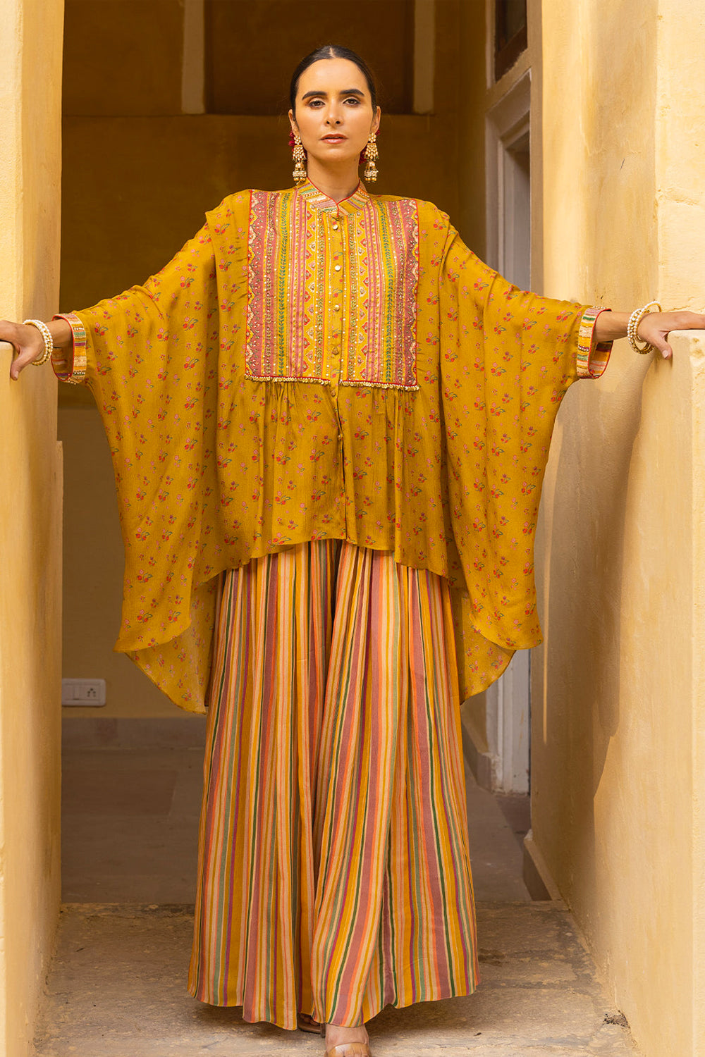 Yellow Chiffon Printed And Embroidered Kaftan Set