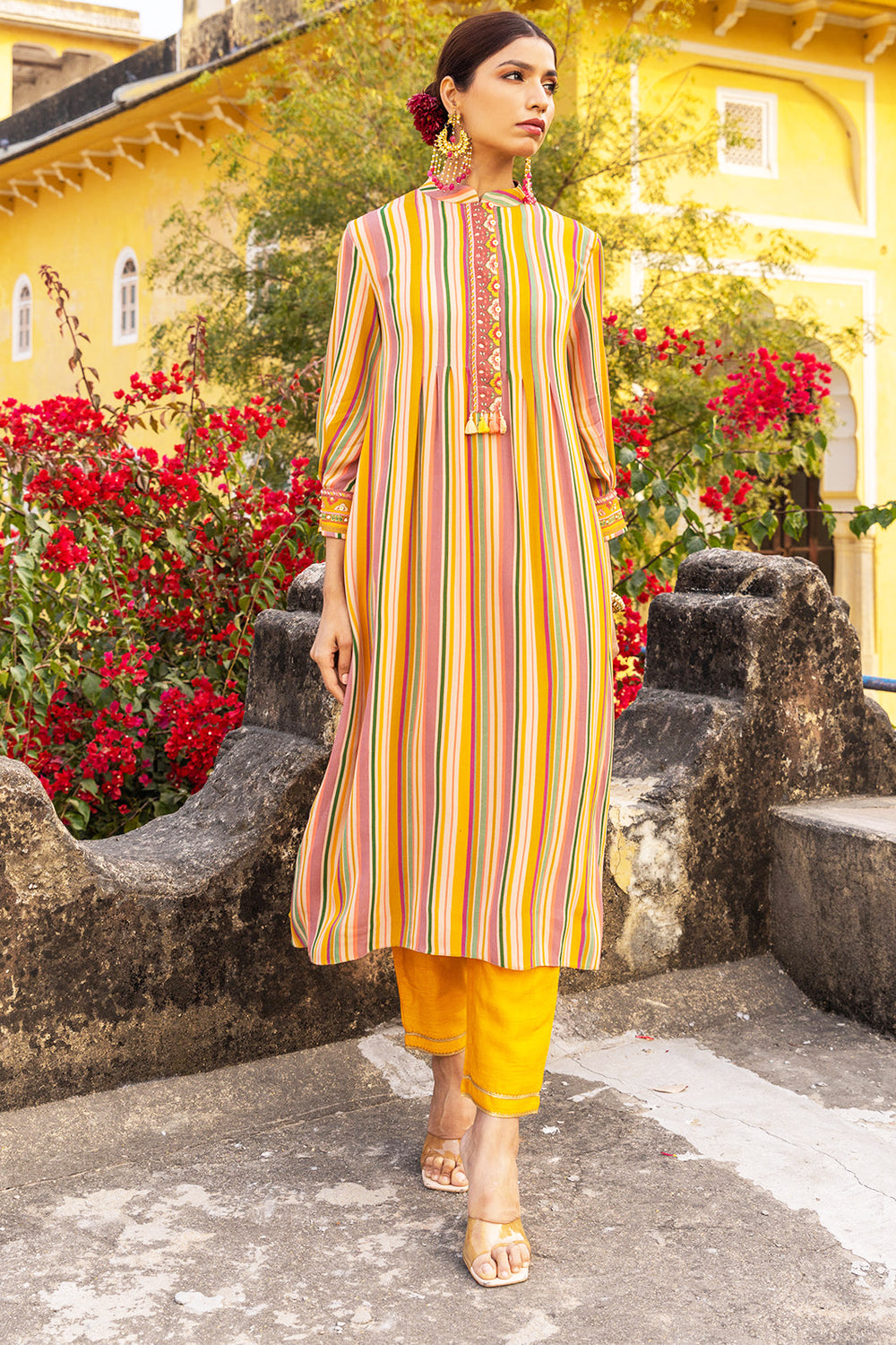 Yellow Georgette Striped Print Kurta And Trouser Set
