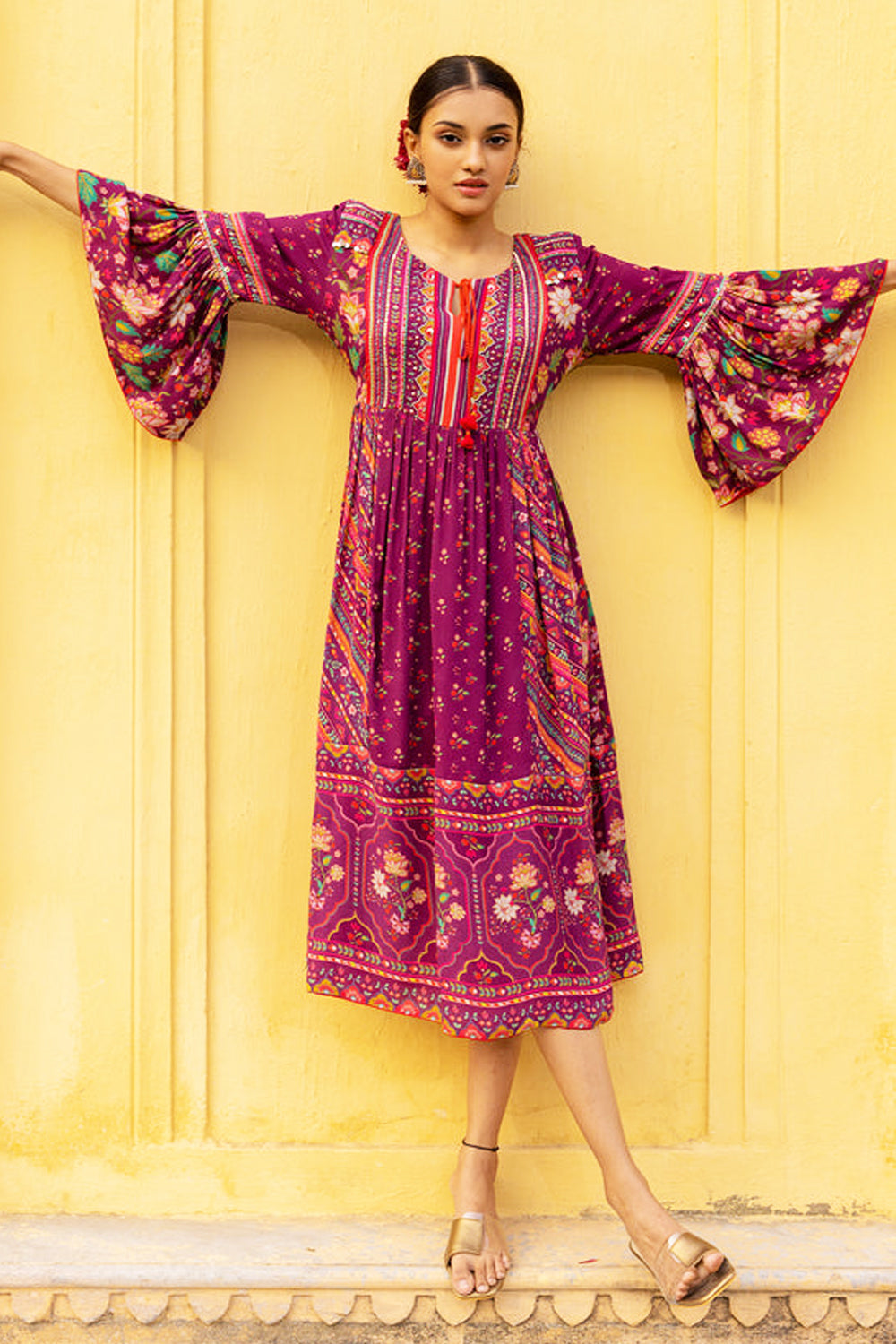 Wine Double Georgette Embroidered & Printed Dress