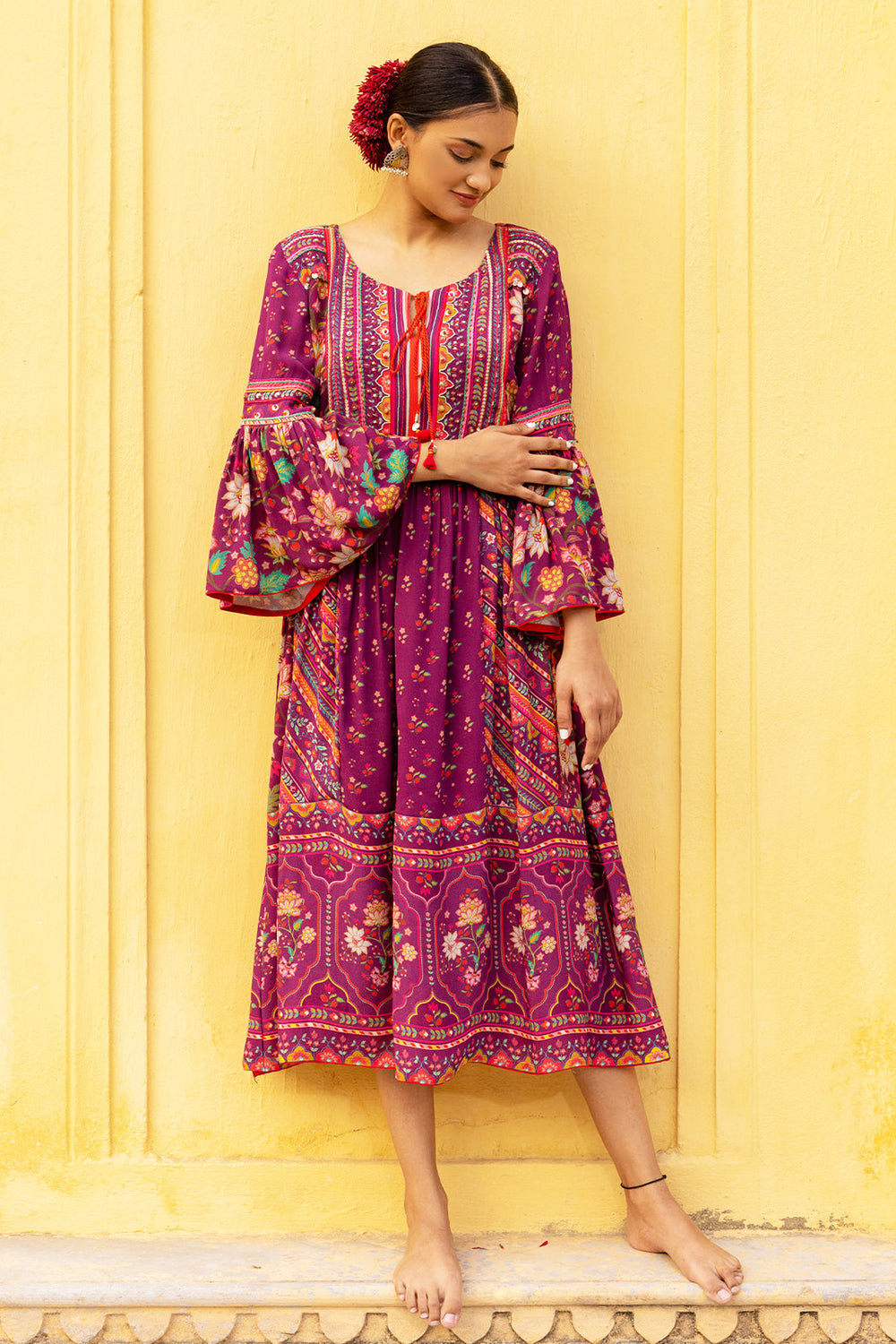 Wine Double Georgette Embroidered & Printed Dress