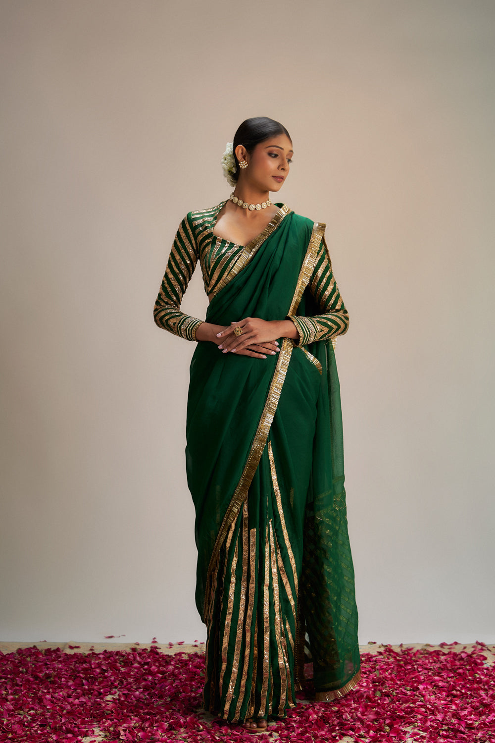 Dark Green Modal Silk Organza Gota Work Saree Set