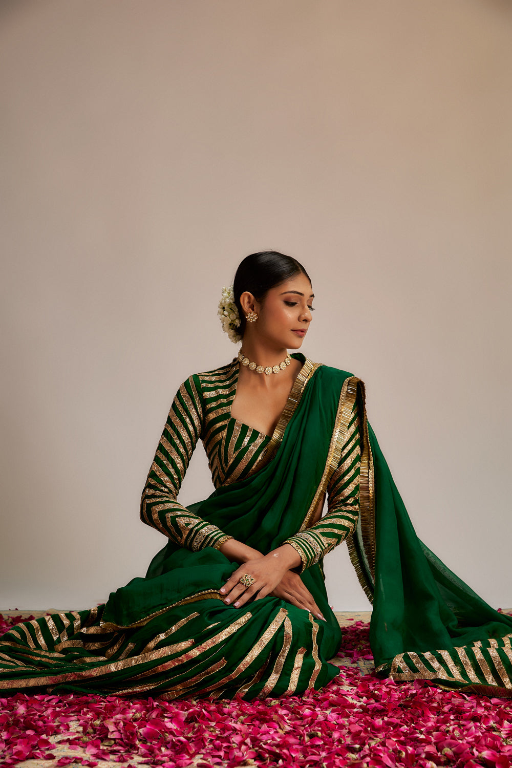 Dark Green Modal Silk Organza Gota Work Saree Set