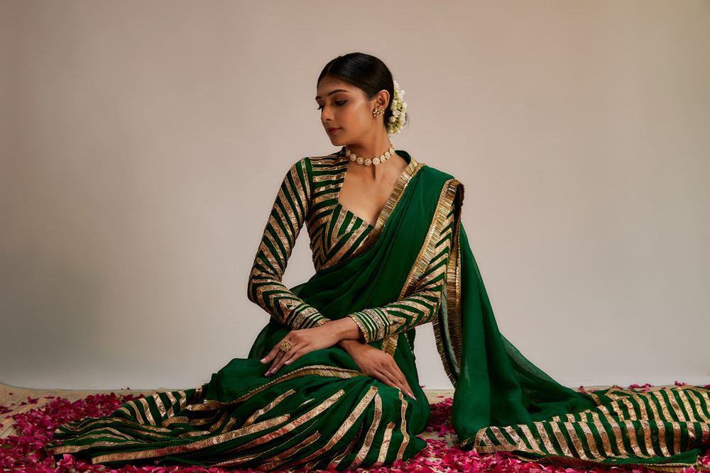 Dark Green Modal Silk Organza Gota Work Saree Set