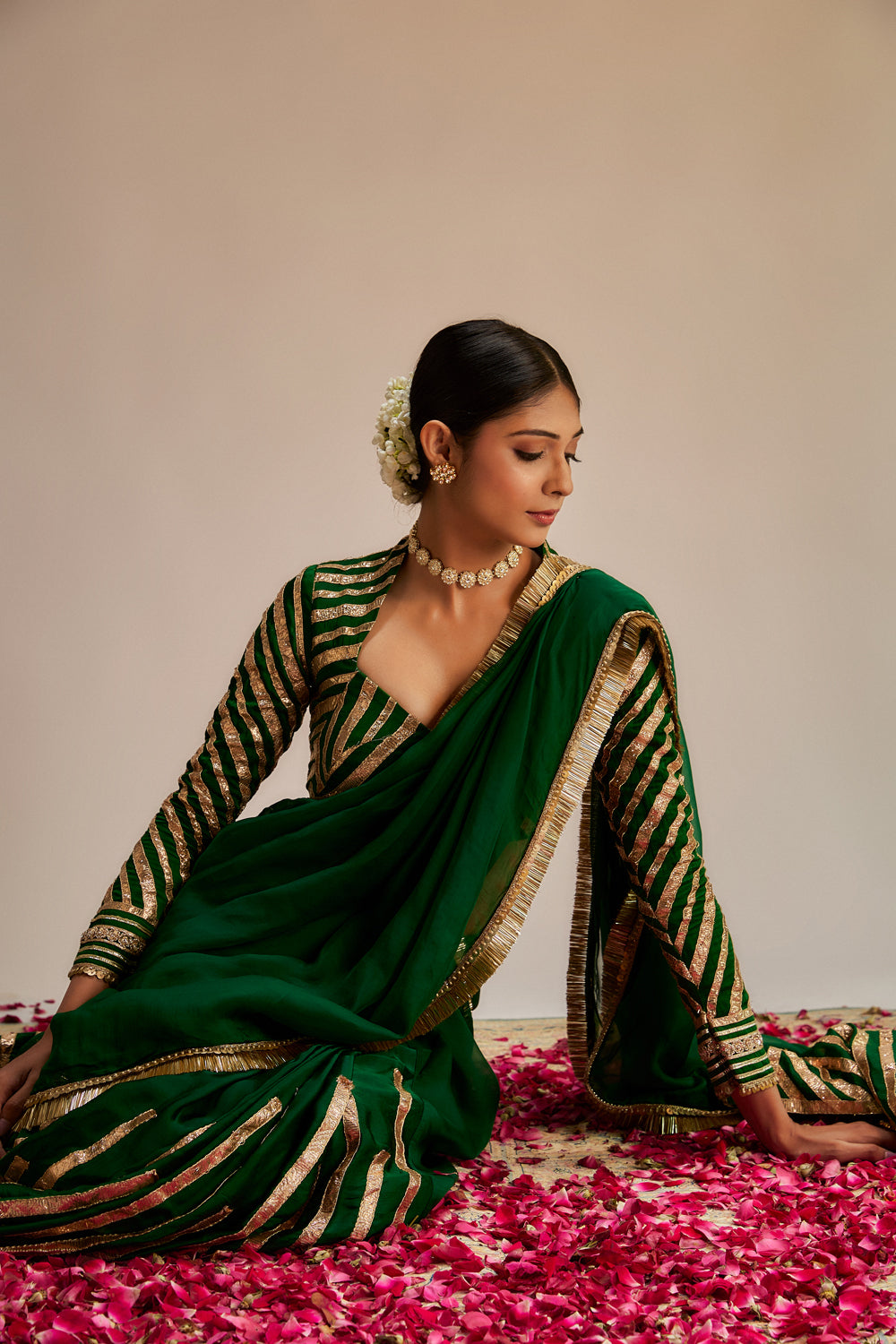 Dark Green Modal Silk Organza Gota Work Saree Set