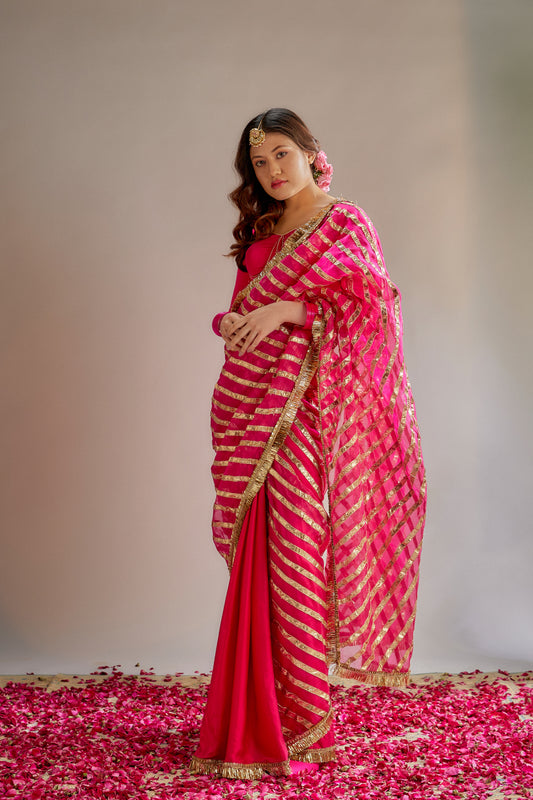 Pink Modal Silk Organza Gota Work Saree Set