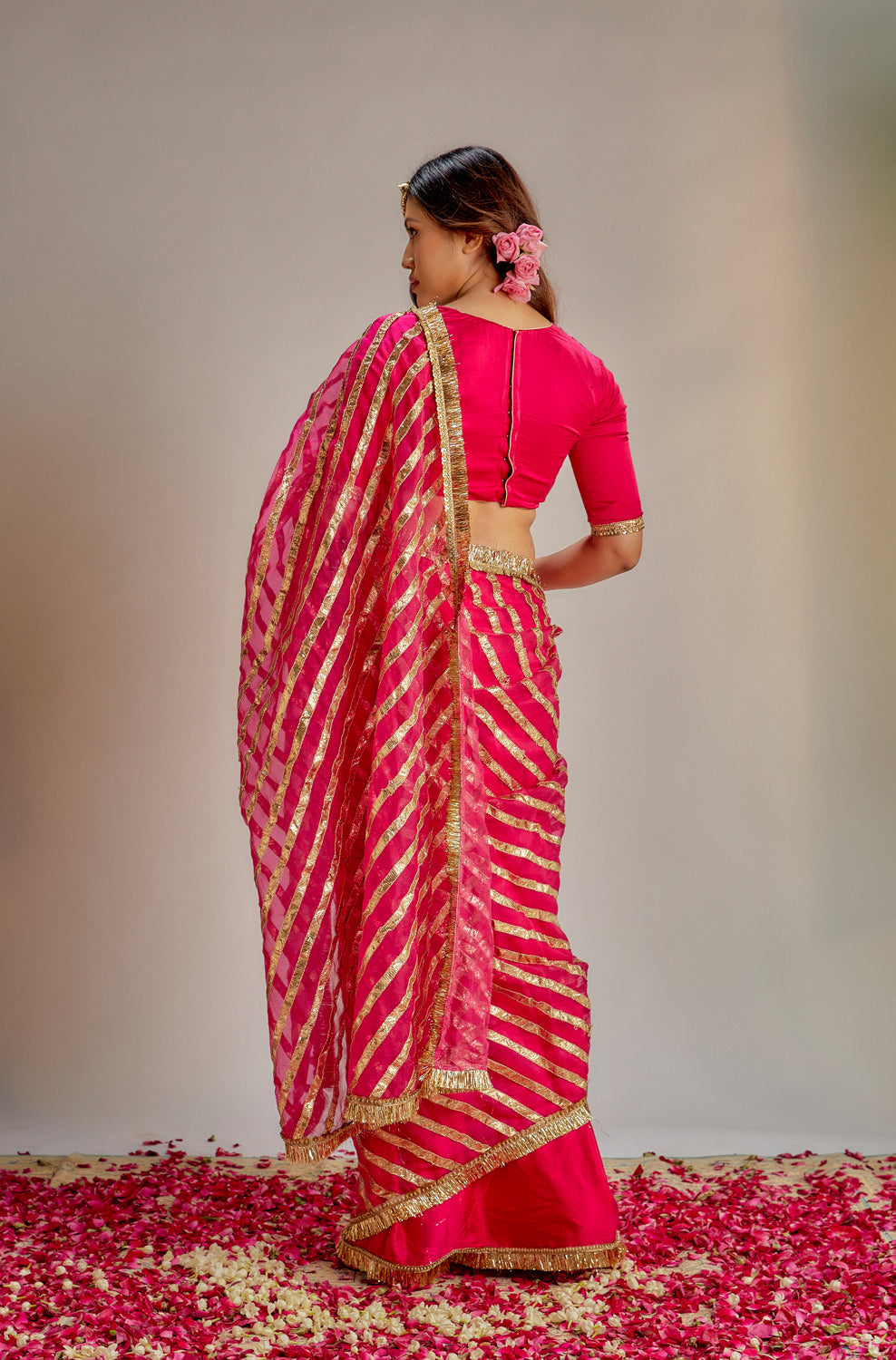 Pink Modal Silk Organza Gota Work Saree Set
