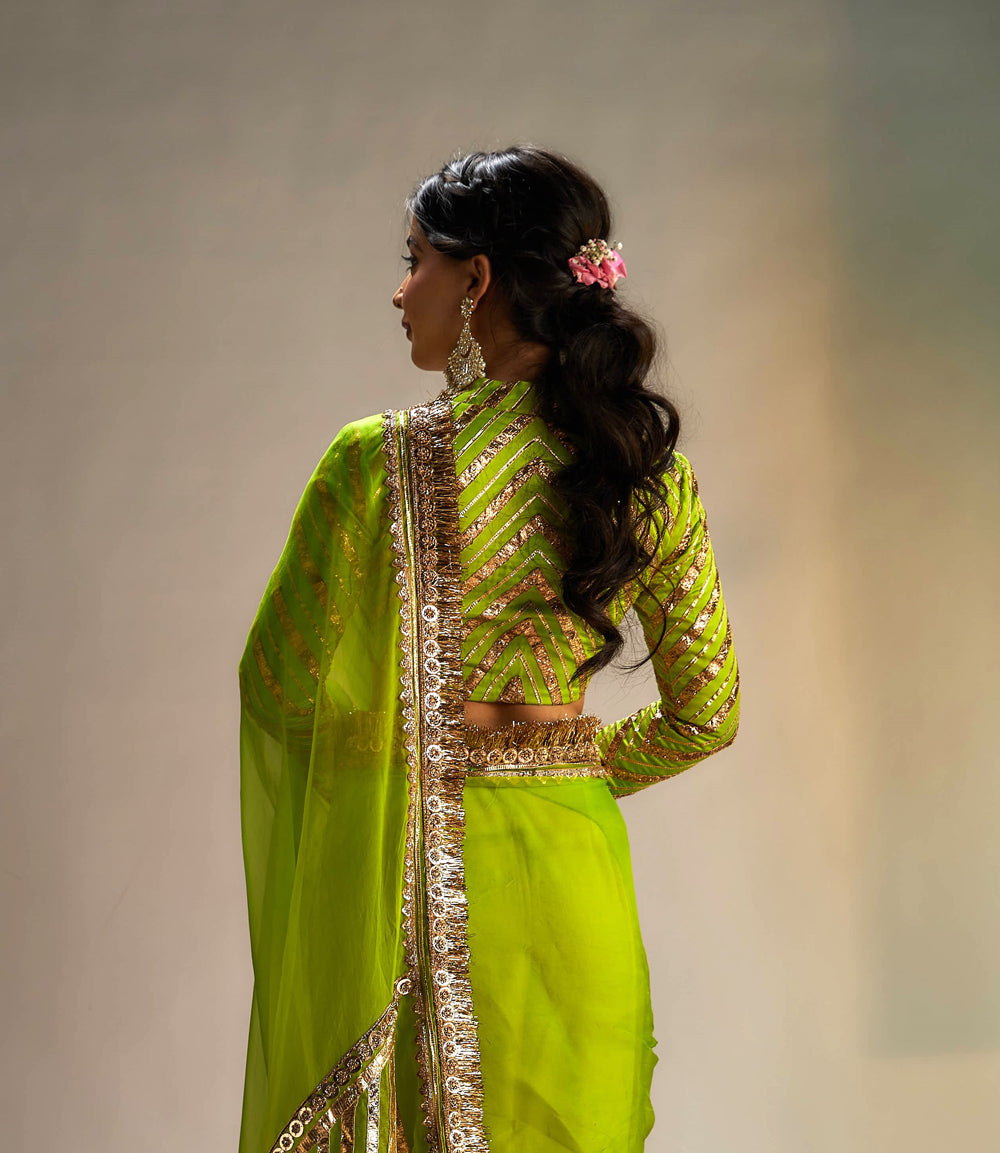 Green Organza Jaal & Lace Hand Embroidered Saree Set