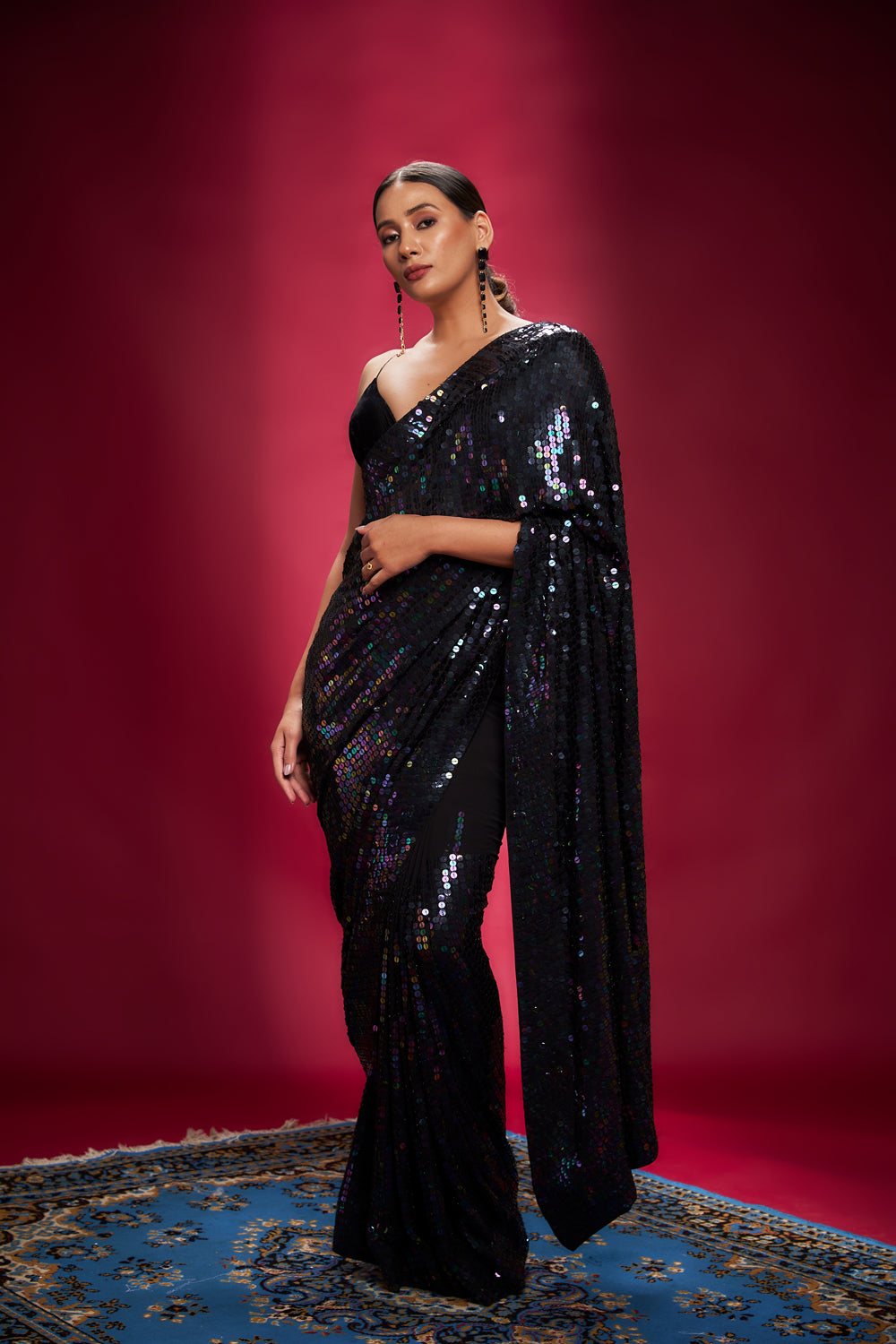 Black Sequins Saree Set