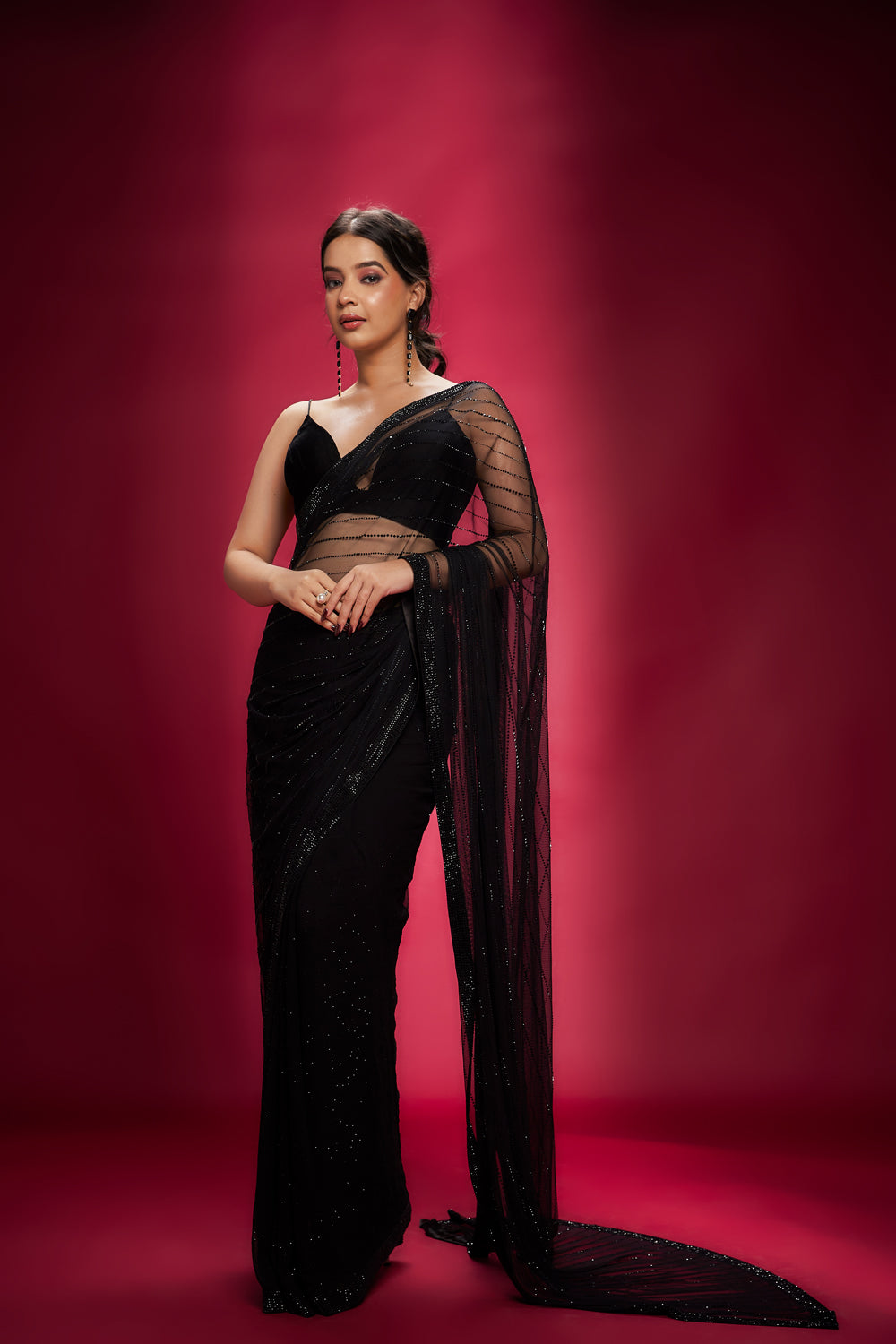 Black Georgette & Net Stone Saree Set