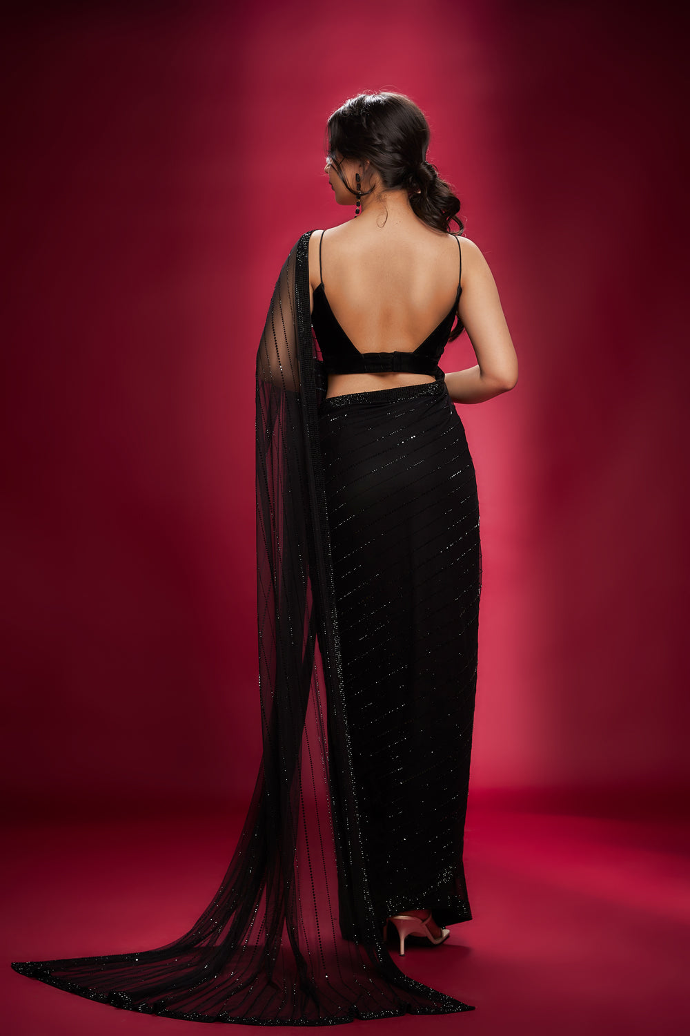 Black Georgette & Net Stone Saree Set