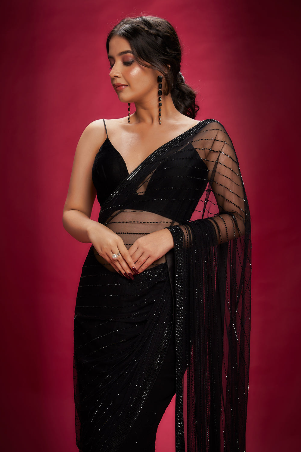 Black Georgette & Net Stone Saree Set