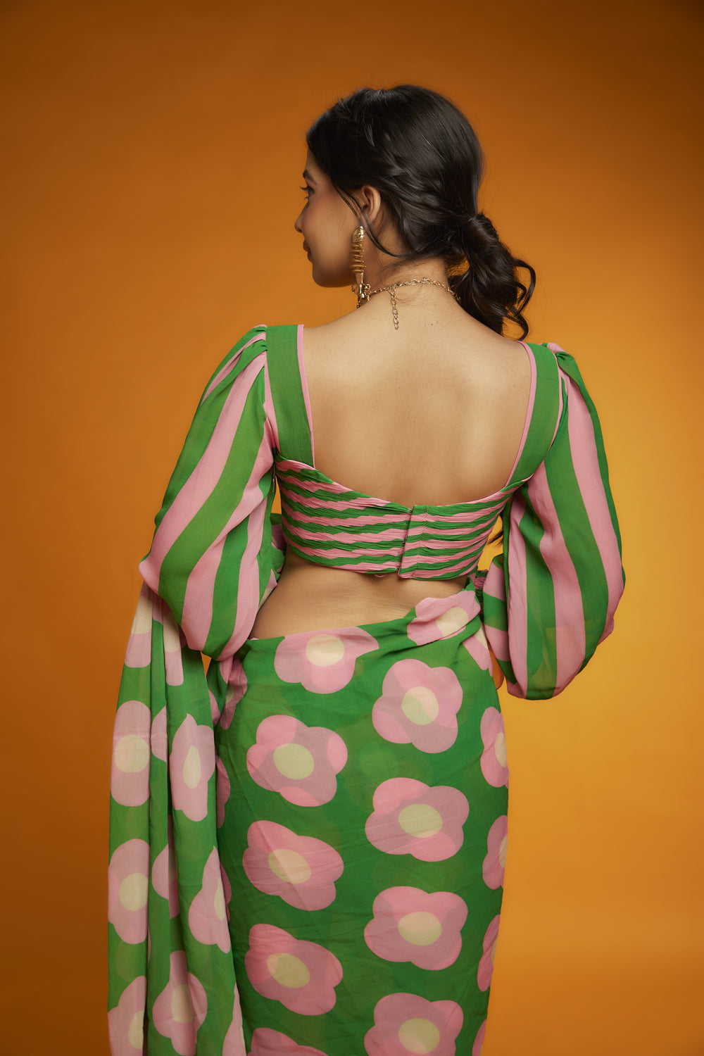 Pink & Green Viscose Georgette Floral Printed Saree Set