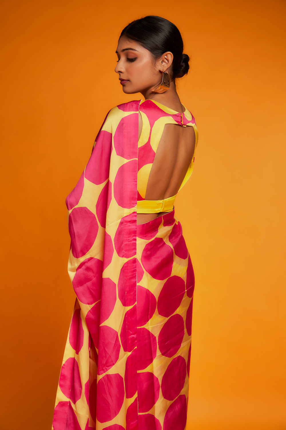 Pink & Yellow Satin Polka Printed Saree Set