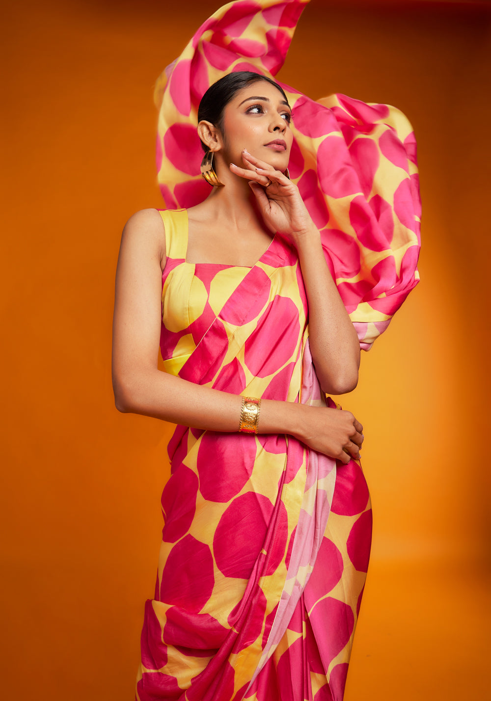 Pink & Yellow Satin Polka Printed Saree Set