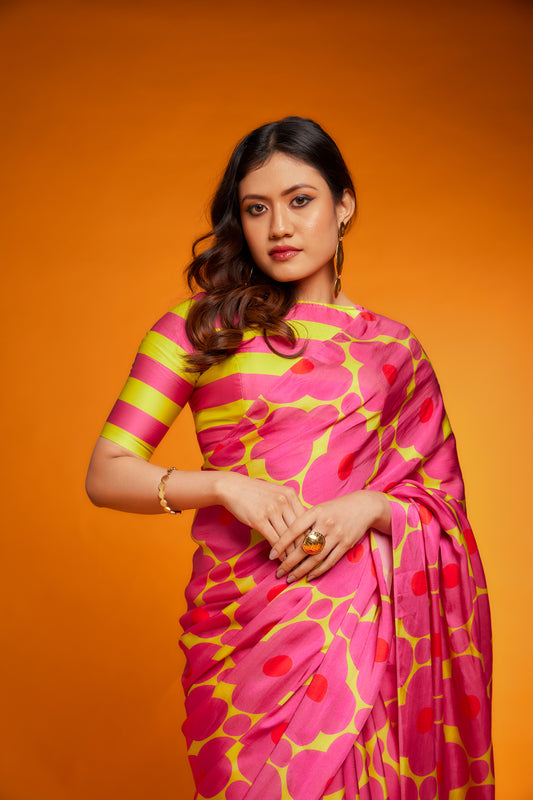 Pink & Yellow Satin Silk Floral Printed Saree Set
